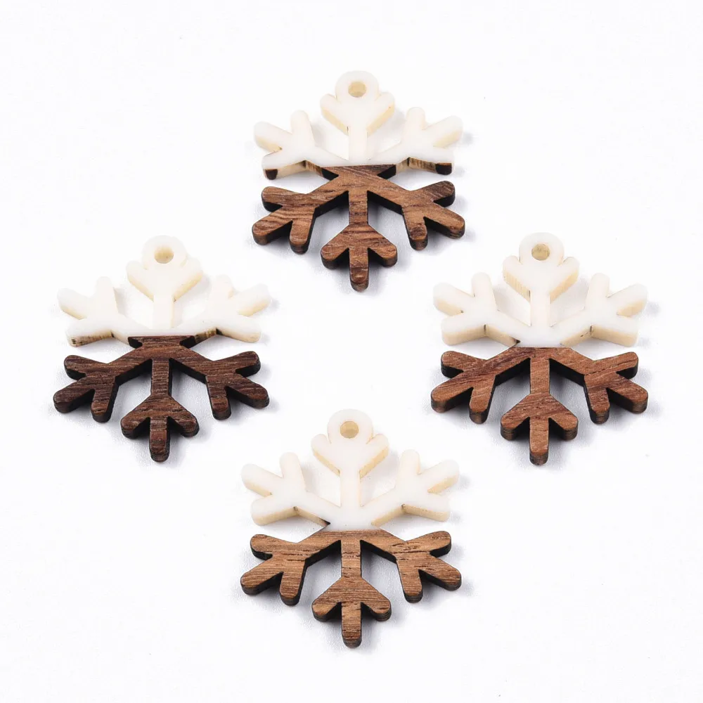 20Pcs Resin Wood Charms with Gold Foil Christmas Snowflake Wooden Resin Effect Dangle Pendants for Jewelry Making DIY Earrings