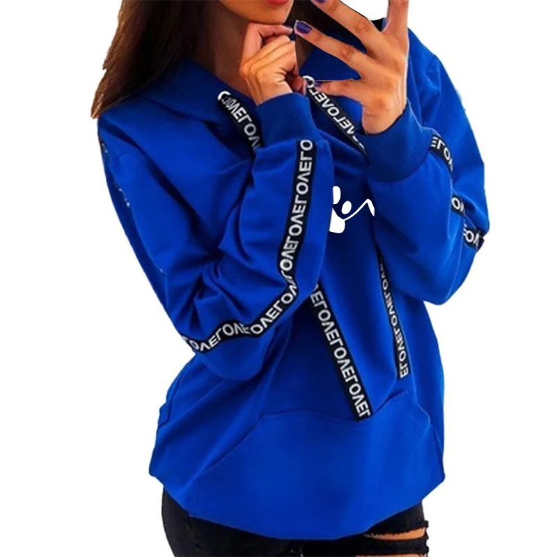 Autumn Fashion Women Casual Long Sleeve Letter Print Sport Hooded Sweatshirt Plus Size Pullover Tops Sweater