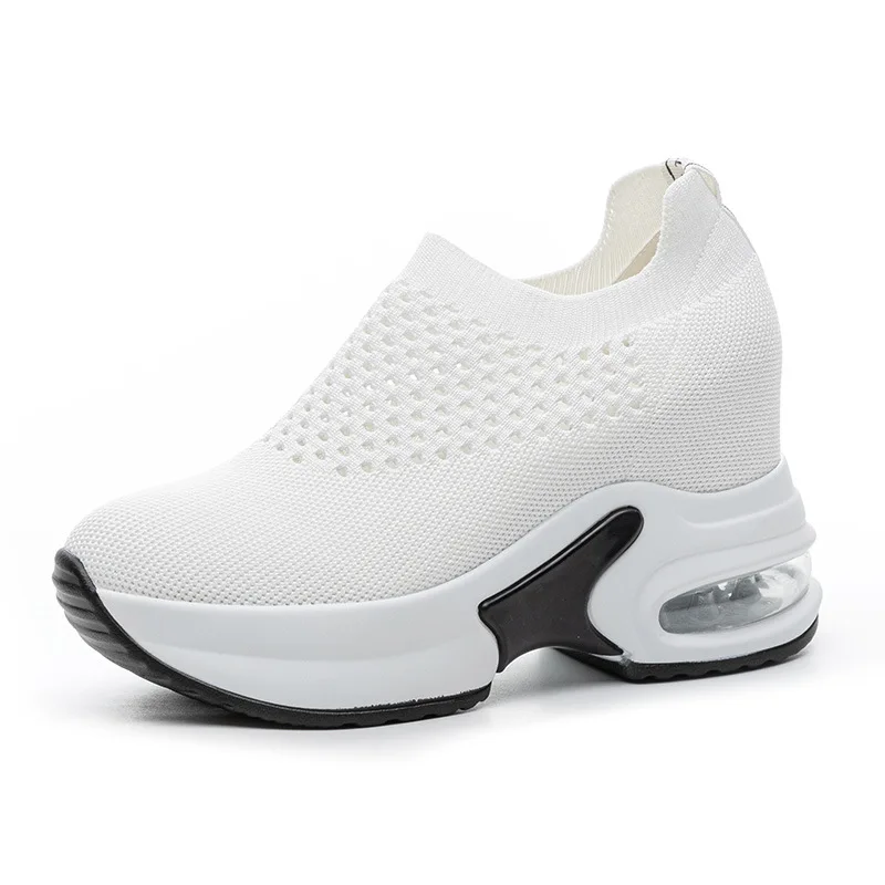 

Женские кроссовки на платформе с воздушной сеткой 8 см, туфли на танкетке с кристаллами, женская обувь без шнуровки на высоком увеличенном каблуке, вулканизированная обувь