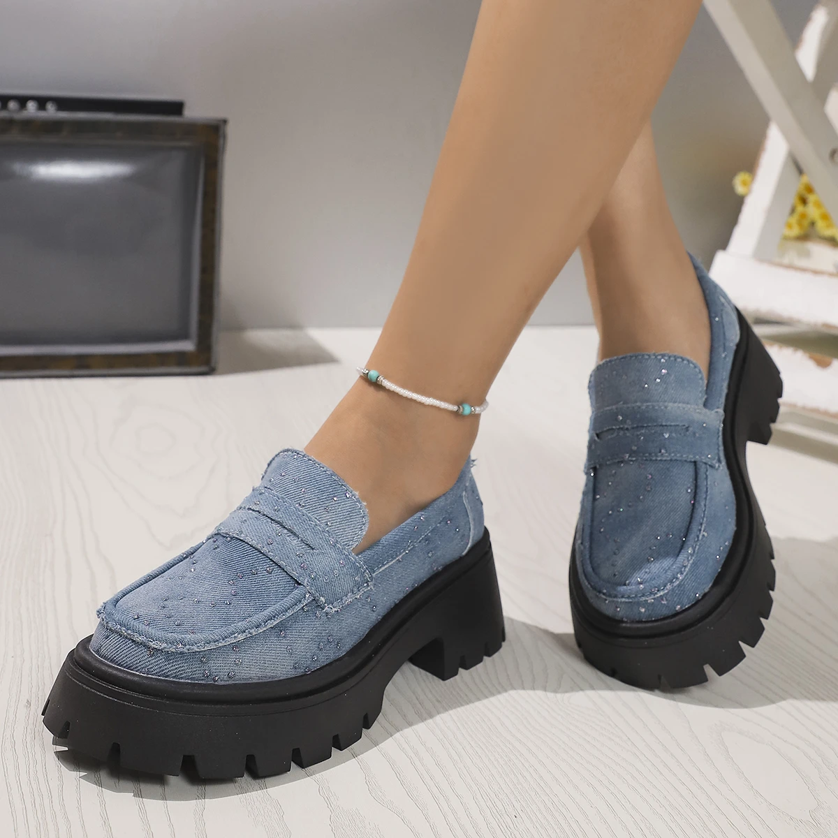 Rimocy 2024 New Women Chunky Heels Loafers Fashion Crystal Slip On Platform Shoes Woman Gothic Thick Bottom Shallow Denim Pumps