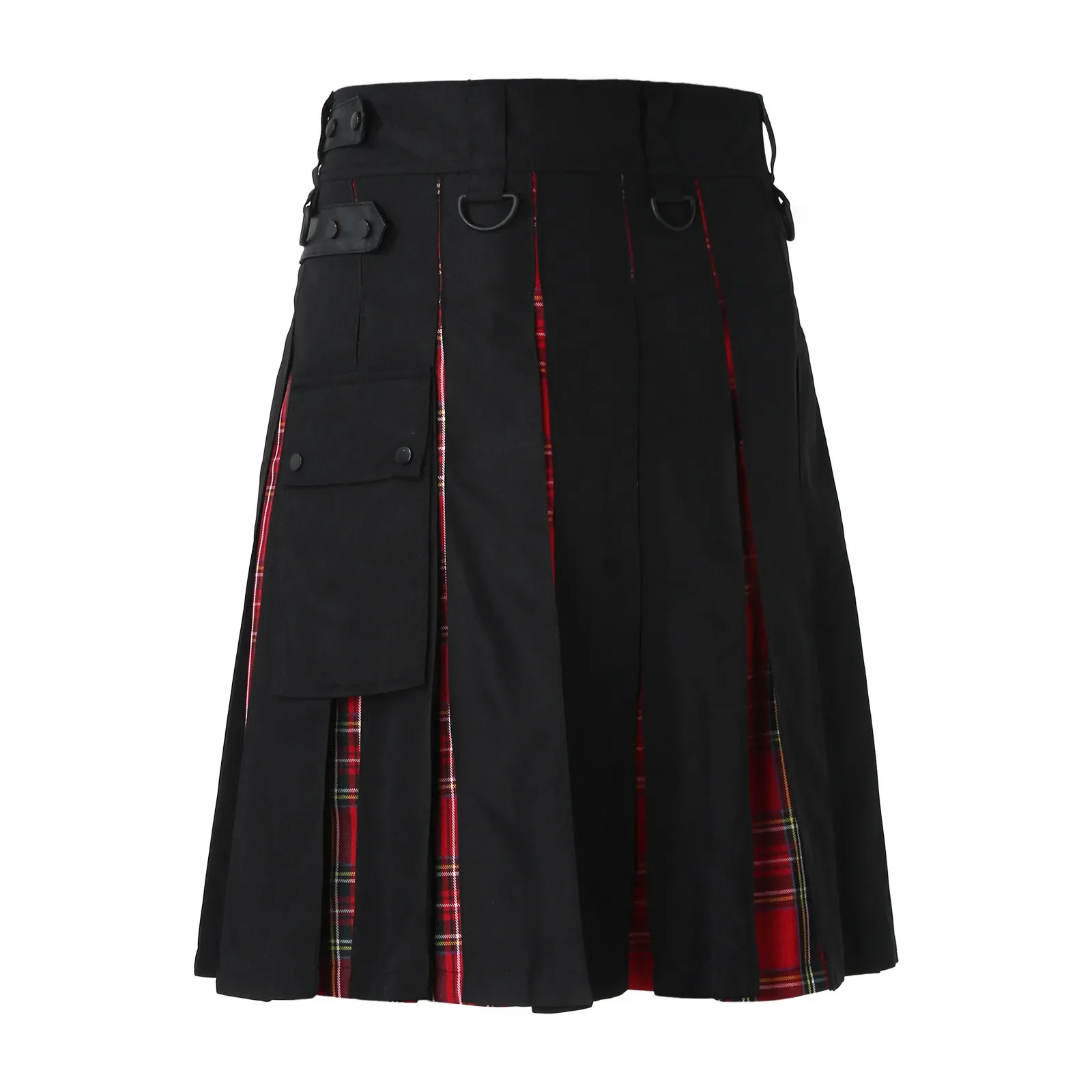 Men'S Fashion Scottish Retro Kilt Cosplay Pleated Casual Scottish Style Plaid Contrast Highland Pocket Traditional Utility Skirt