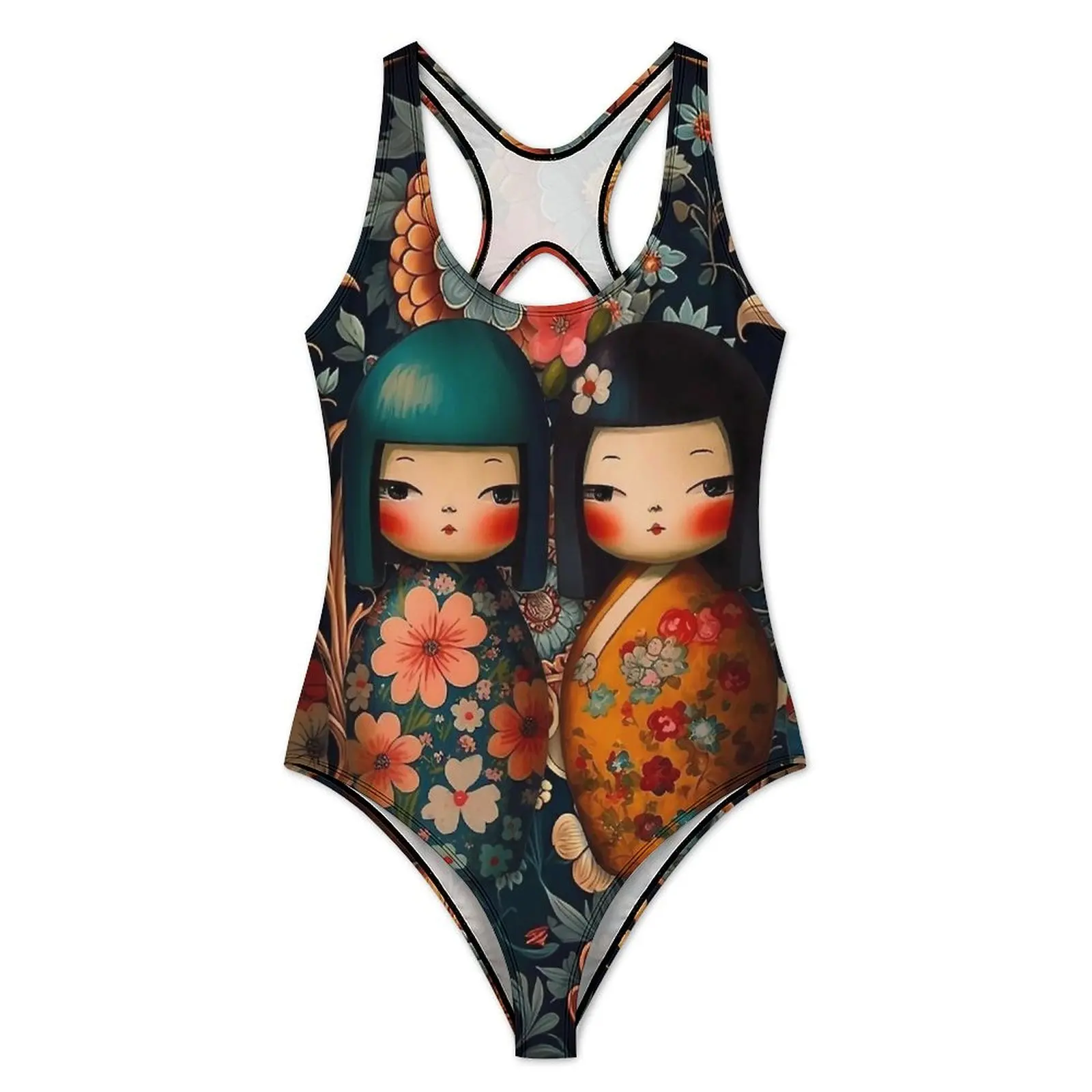 Japanese Dolls Swimsuit Fancy Kokeshi Dolls Swimwear One Piece Beach Swimsuits High Cut Monokini Woman Push Up Beach Outfits