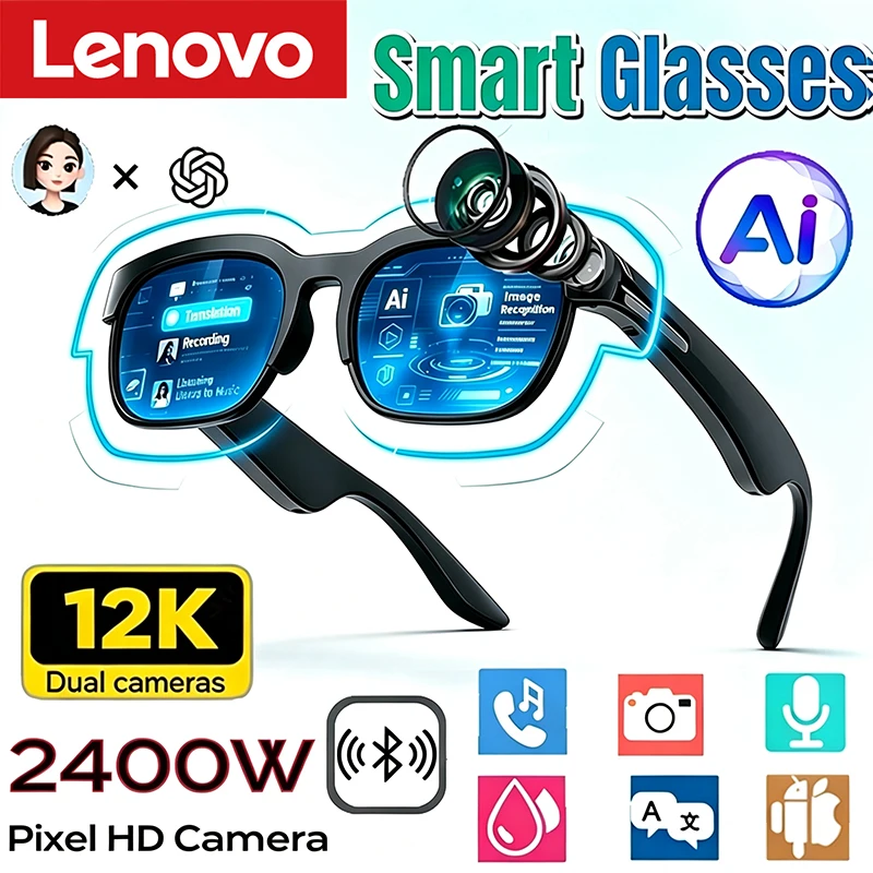 Lenovo AI Smart Glasses AI Translation Bluetooth Conversation Recording Listening To Music Smart Sunglasses for Men Women Gift