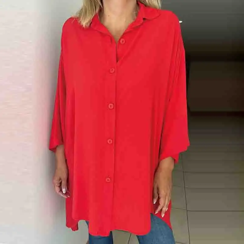 Cárdigans holgados con botones para mujer, camisas irregulares con solapa, Mangas de tres cuartos, informales, de Color sólido, para viaje, de verano