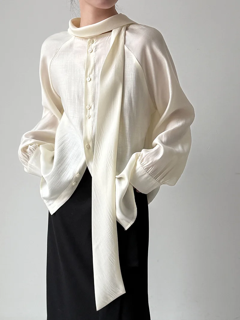 

Stand Collar Ribbon Long Sleeve Blouse Women Spring Elegant Loose Acetate Lady Shirts Two Side Wear