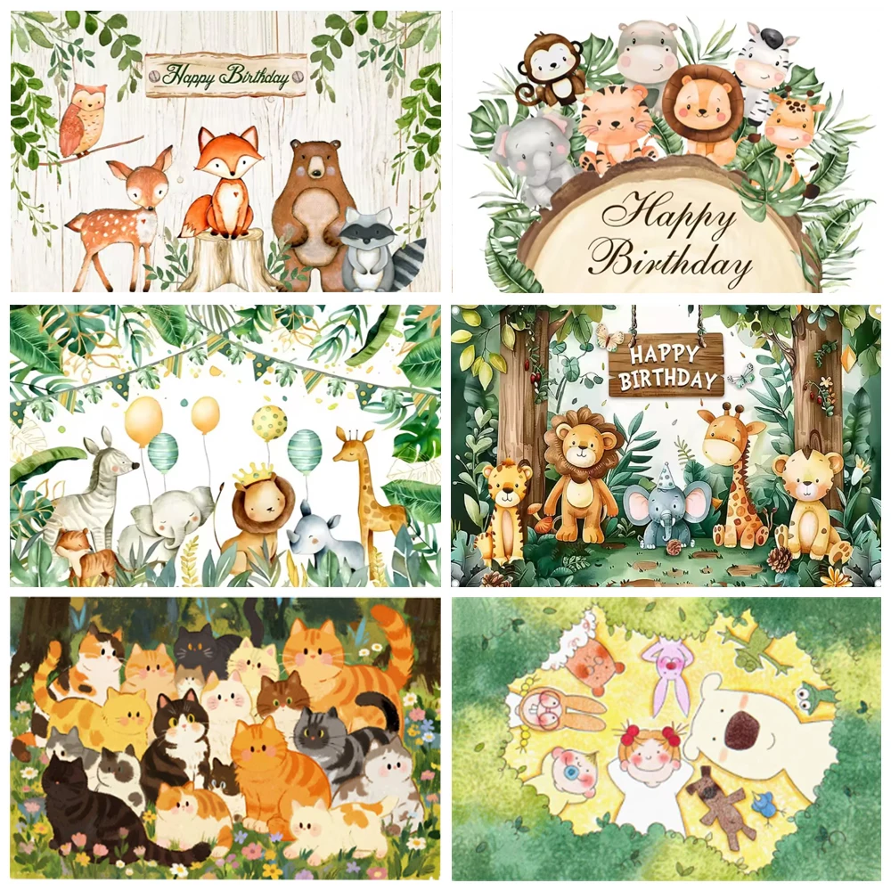 Fondos de fotografía de Safari de la jungla Tropical de dibujos animados lindos fondo de fotografía de cumpleaños de niños recién nacidos fiesta de animales de bosque