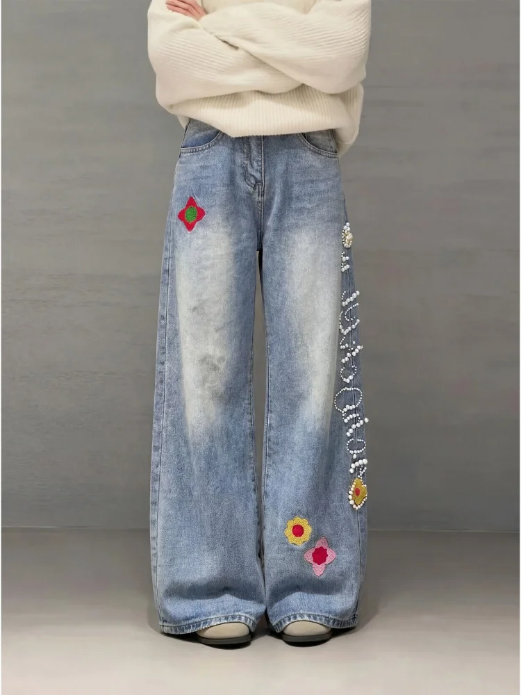 

Spring New Faion Straight Leg Denim Jeans Women's American Retro Pear ape Loose Casual Wide Leg Long Pants