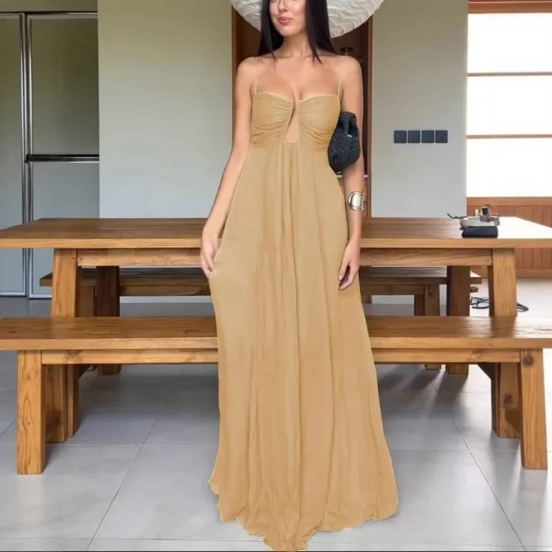Vestido largo fruncido con escote en V y espalda descubierta para mujer, vestido largo con tirantes recortados, vestido Formal de cóctel para fiesta, vestido Sexy de playa con cuello Halter