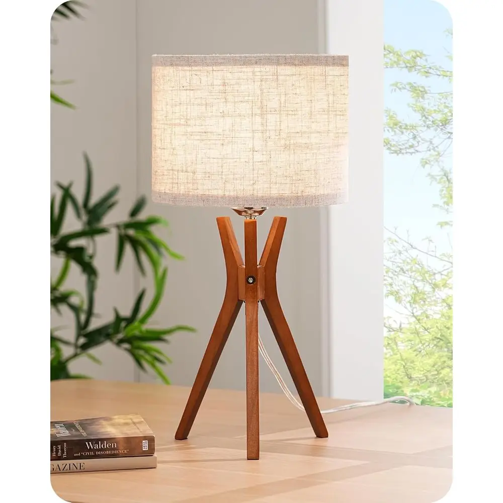 

17.5 Tripod Bedside Lamp with Deep Wood Base and Beige Linen Shade, Suitable for Bedroom, Living Room, Reading Nook, E26 Socket