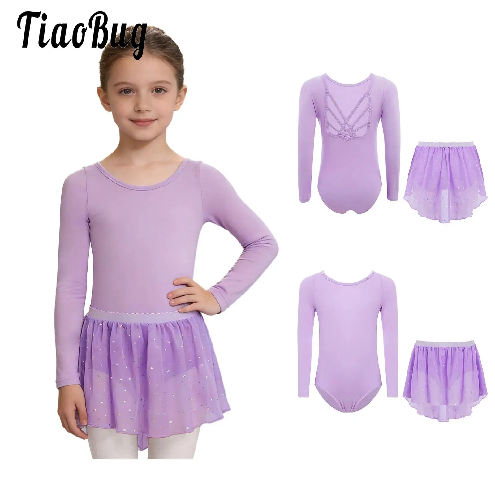 

Kids Girls Ballerina Ballet Gymnastics Dance Performance Costume Outfit Long Sleeves Leotard Set with Mesh Sequin Skirts Dresses