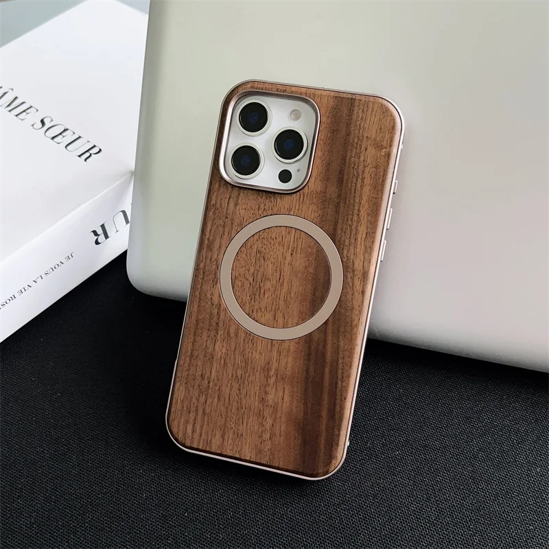 

For Magsafe Elastic Buckle Alloy Wood Hybrid Phone Case For iPhone 15 16 Pro Max Aluminum Alloy Frame Wireless Charging Cover