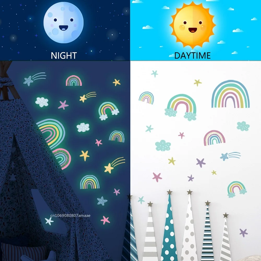 Rainbow Cloud Luminous Stars Wall Stickers Glow in The Dark for Kids Rooms Bedroom Cartoon Home Decortion Wall Decals Stickers