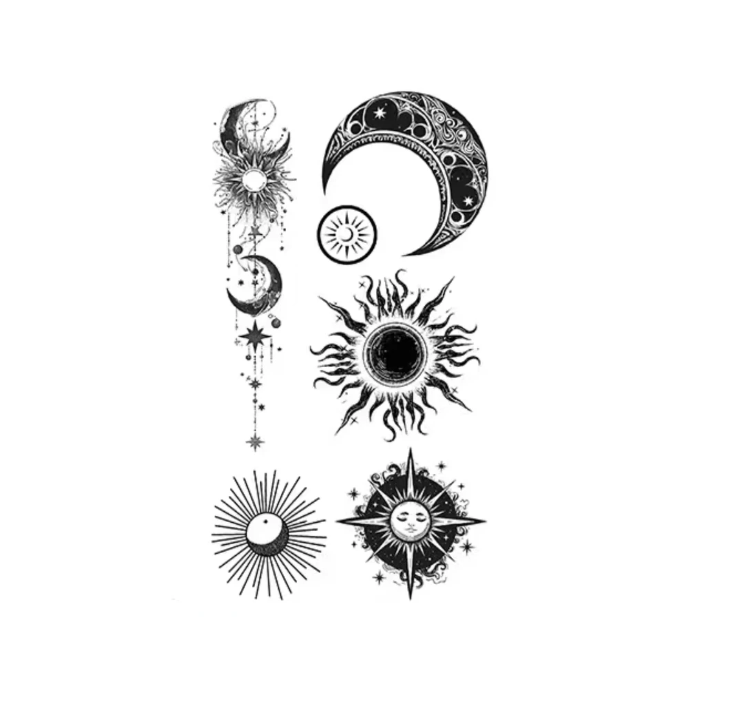 New Black White Sun Moon Temporary Tattoo Waterproof Party Favor Funny Face Sticker Cross Border
