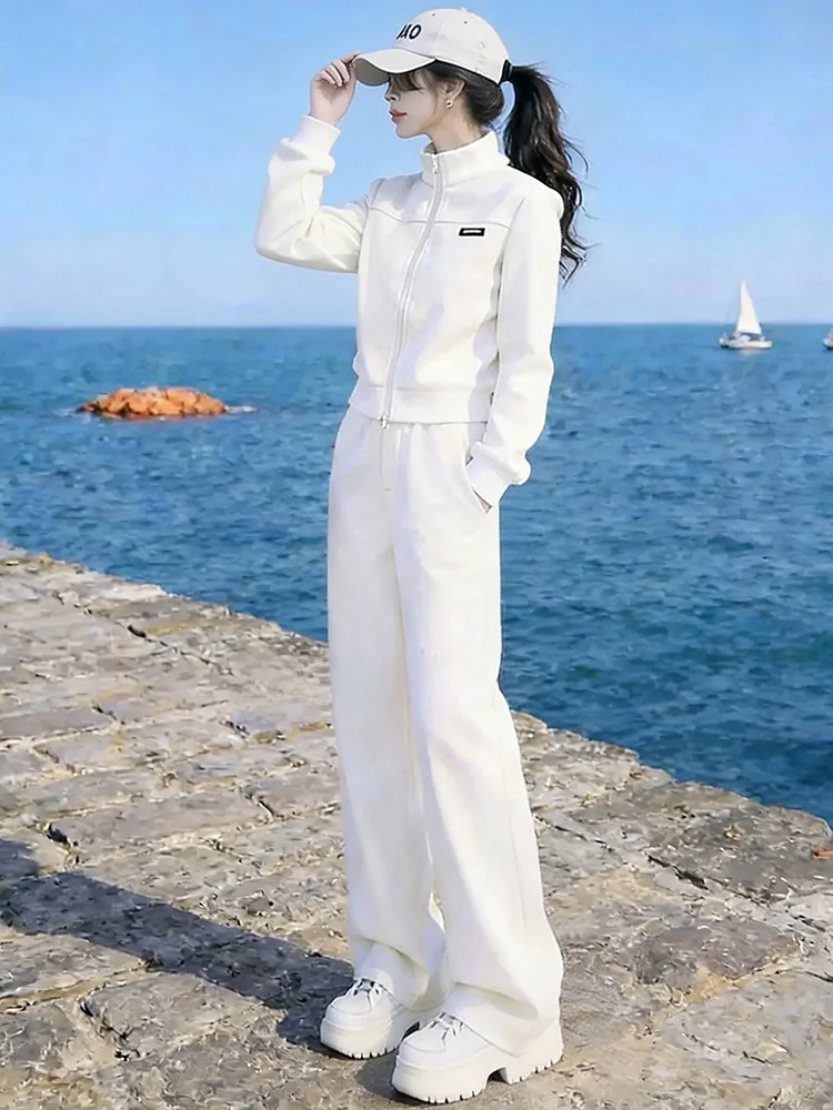 

Fashionable Casual Women's Set Spring New Style White Long Sleeve Open Cardigan High Waist Wide Leg Pants Two Piece Set