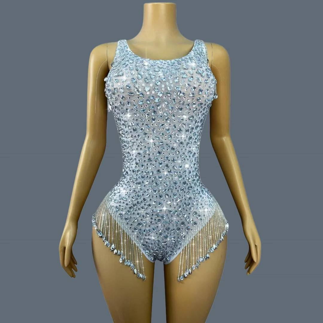

Women Sparkly White Crystals Bodycon Tassel Bodysuit Club Spandex Elastic Stage Outfit Luxury Bar Celebrate Show Wear Xiaowulong