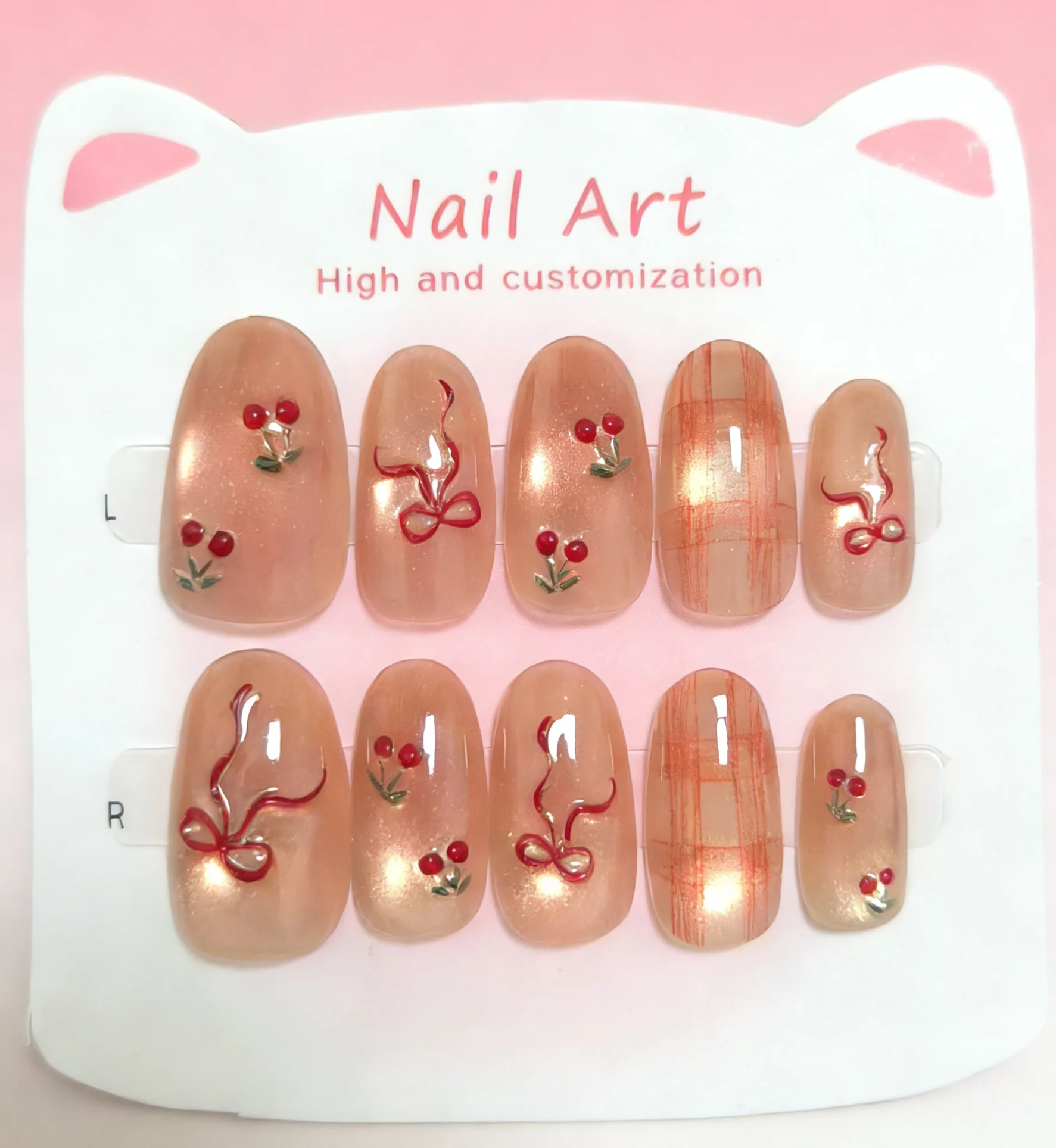 

10pcs Handmade Sweet Cherry Bow Press On Nails Almond Nude Pink Cat Eye False Nails Reusable Cute Plaid Women Party Nail Art