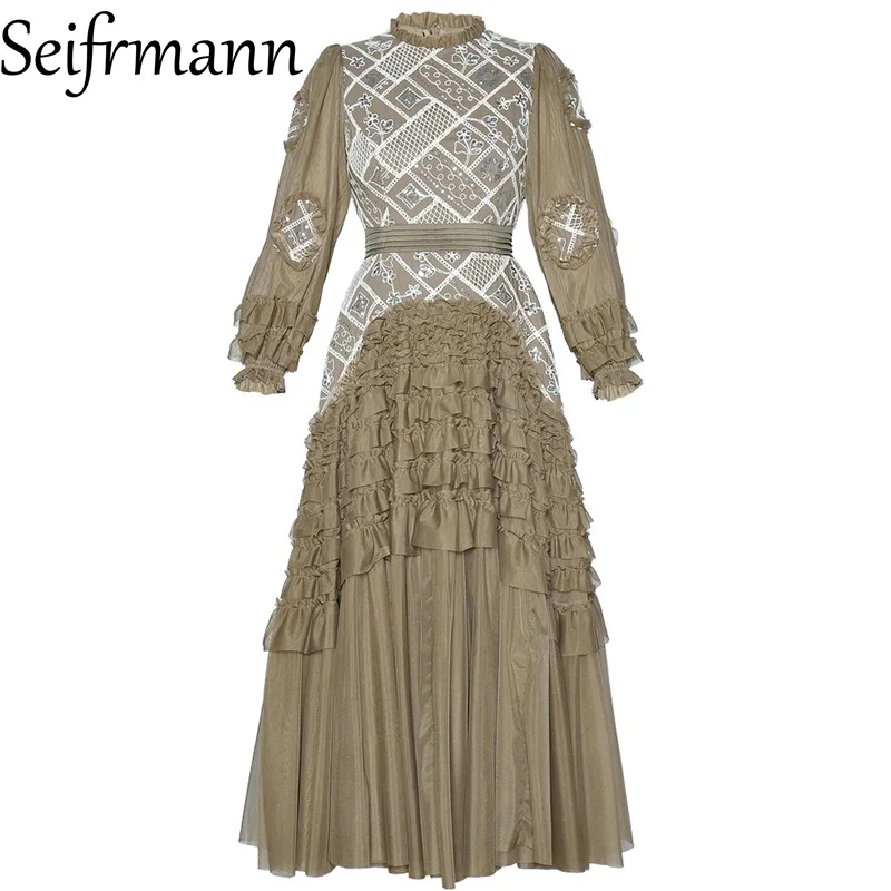 Seifrmann 2026 Spring Women's New Fashionable Round Neck Long Sleeve Mesh sequin Embroidered Waist Cinching Dress