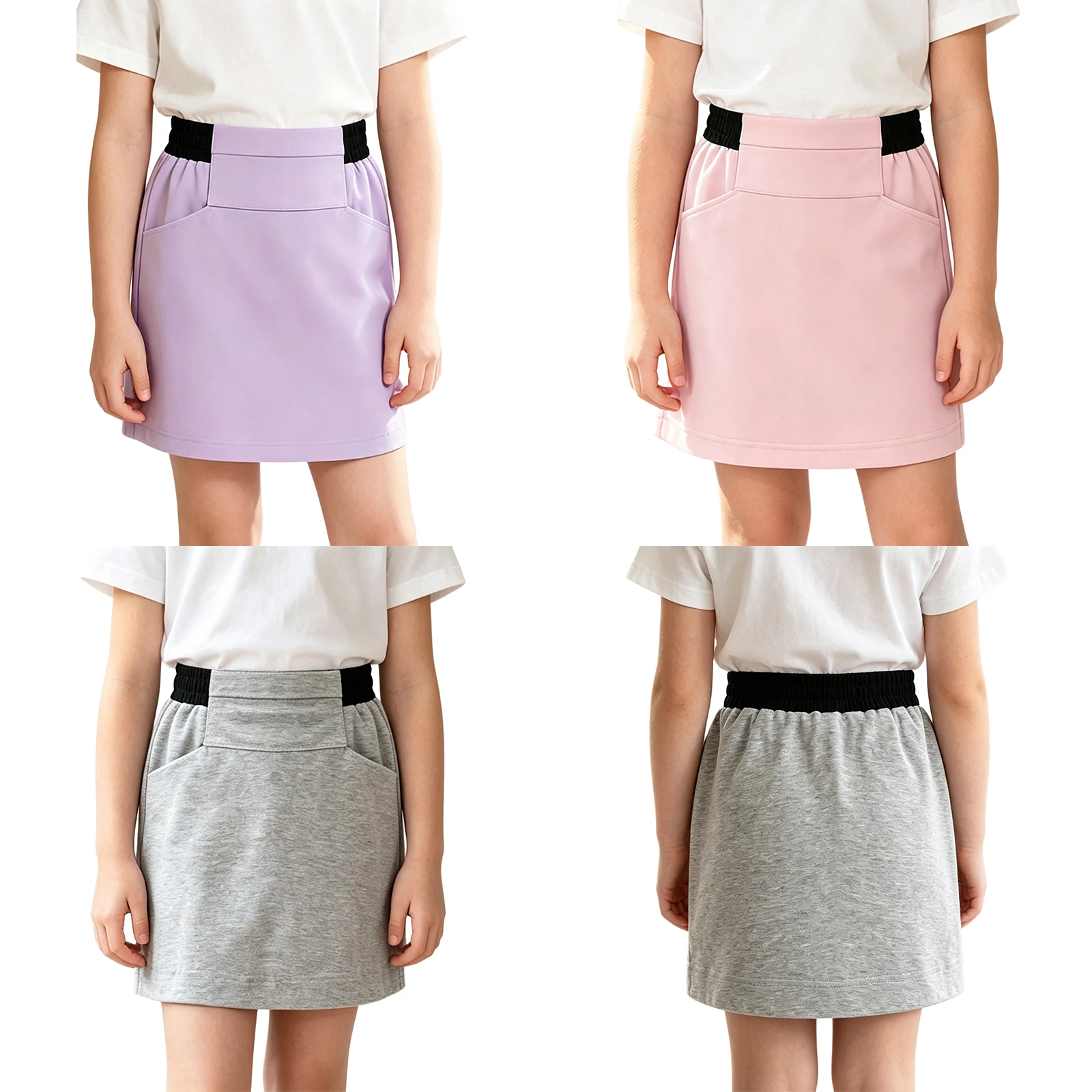 Kids Girls Contrast Color Elastic Waistband Skirt Special Needs Adaptive Clothing with Insulin Pump Zip-up Pocket