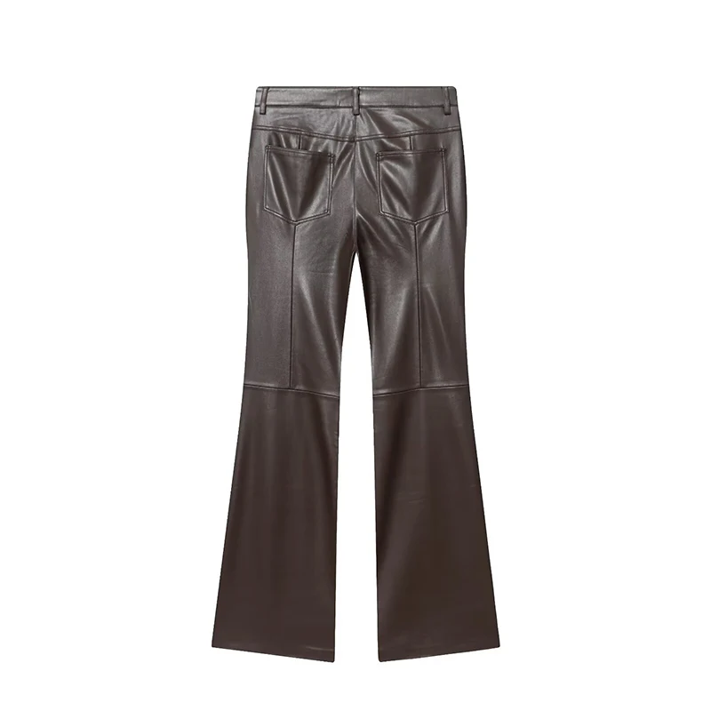 YENKYE European And American Style Casual Faux Leather Pants For Women High Waist With Pockets Autumn Winter Flare Trousers