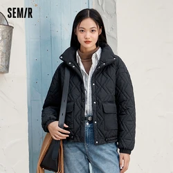 Semir Cotton Clothing Women Stand Collar Loose 2024 New Winter Texture Rhombus Cotton Coat Fashion Casual