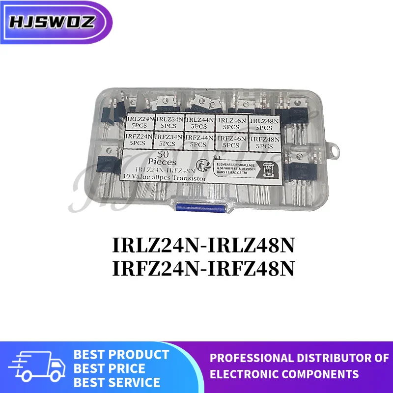 50PCS 10 values, 5 each IRFZ24N IRFZ34N IRFZ44N IRFZ46N IRLZ48N IRLZ24N IRLZ34N IRLZ44N IRLZ46N IRFZ48N Transistor accessory box