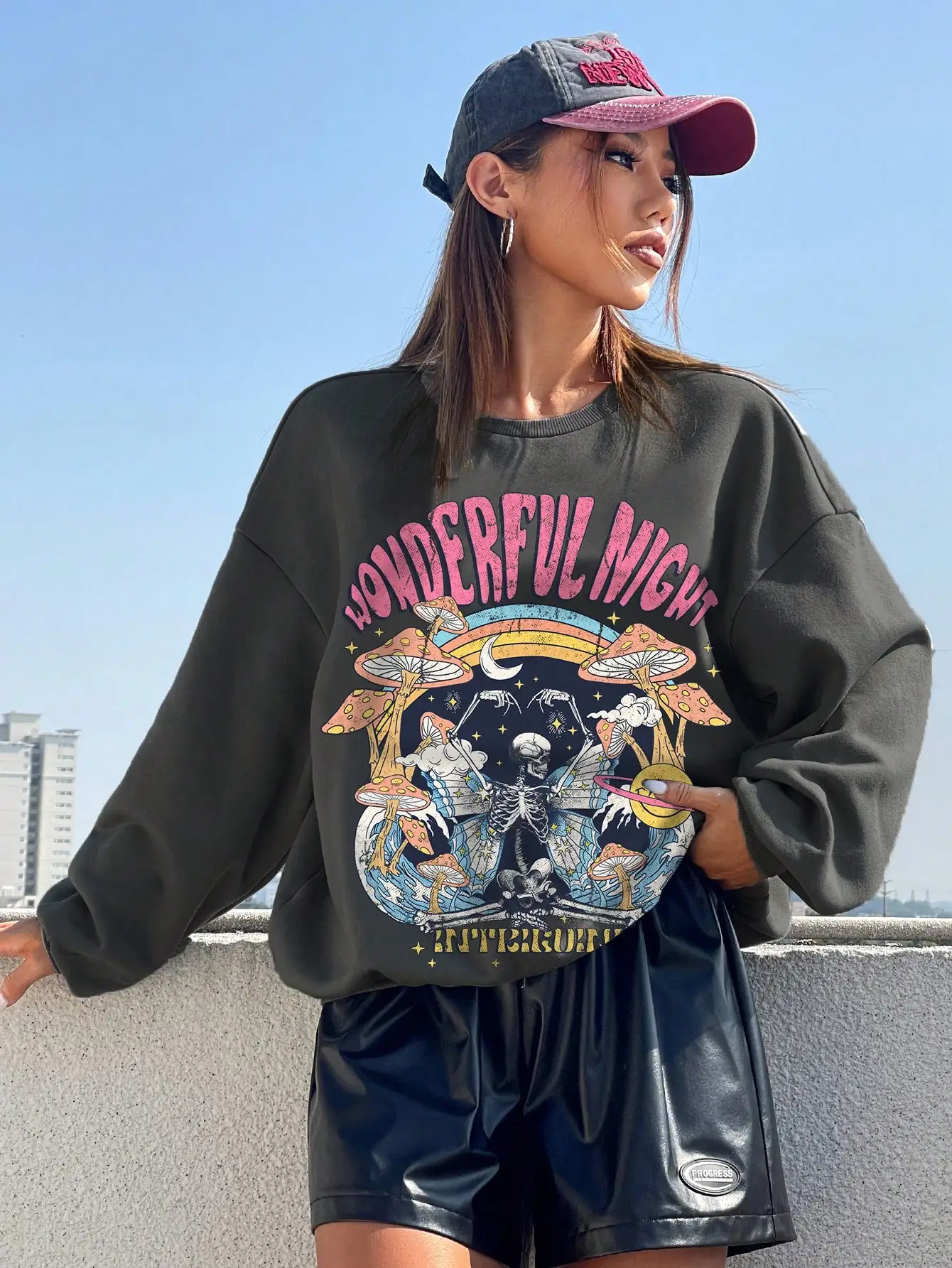 Wonderful Night Cartoons Mushroom Butterfly Shaped Skull Print Hoodies For Womens Street Casual Hoody Hip Hop Fleece Clothing