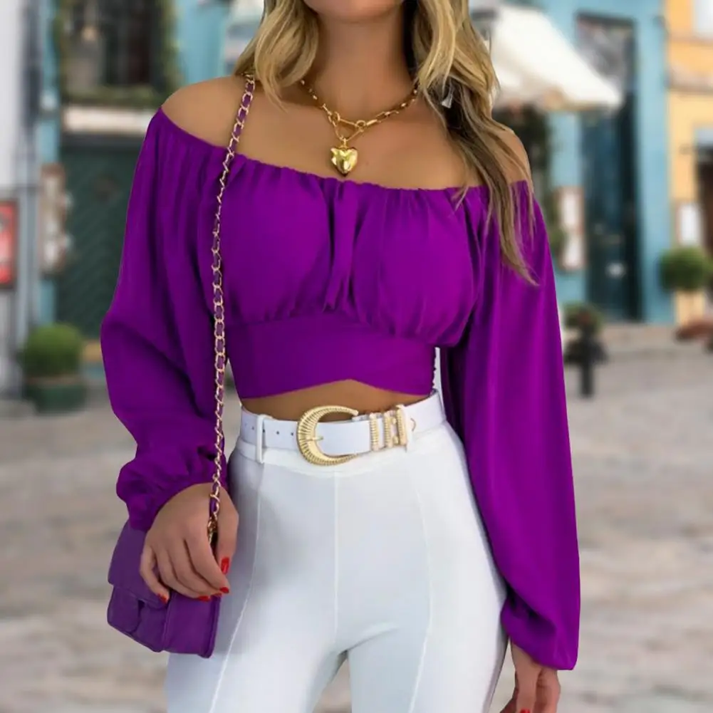 Women Long Sleeve T-shirt Tops Elastic Collar Solid Color Loose Women Blouse Off Shoulder Lantern Sleeve Pullover Top Club Wear 