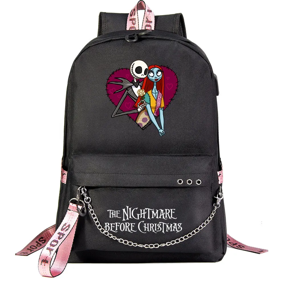 The Nightmare Before Christmas USB Backpack, Canvas Laptop Bagpack, Bookbag para meninos e meninas, Sacos de livros escolares para crianças, mulheres e homens