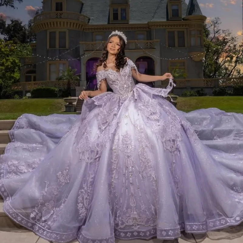 

Customized Purple Quinceanera Dresses Off the Shoulder glitter decal Lace layering beads Bow Long tail Vestido 15 Quinceanera