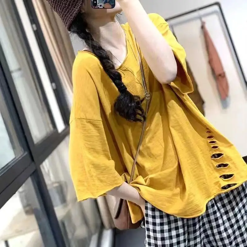 95% Cotton Split T-shirt for Women\'s Summer Loose Slimming Korean Version Rolled Edge Front Short Back Long Short Sleeved Top