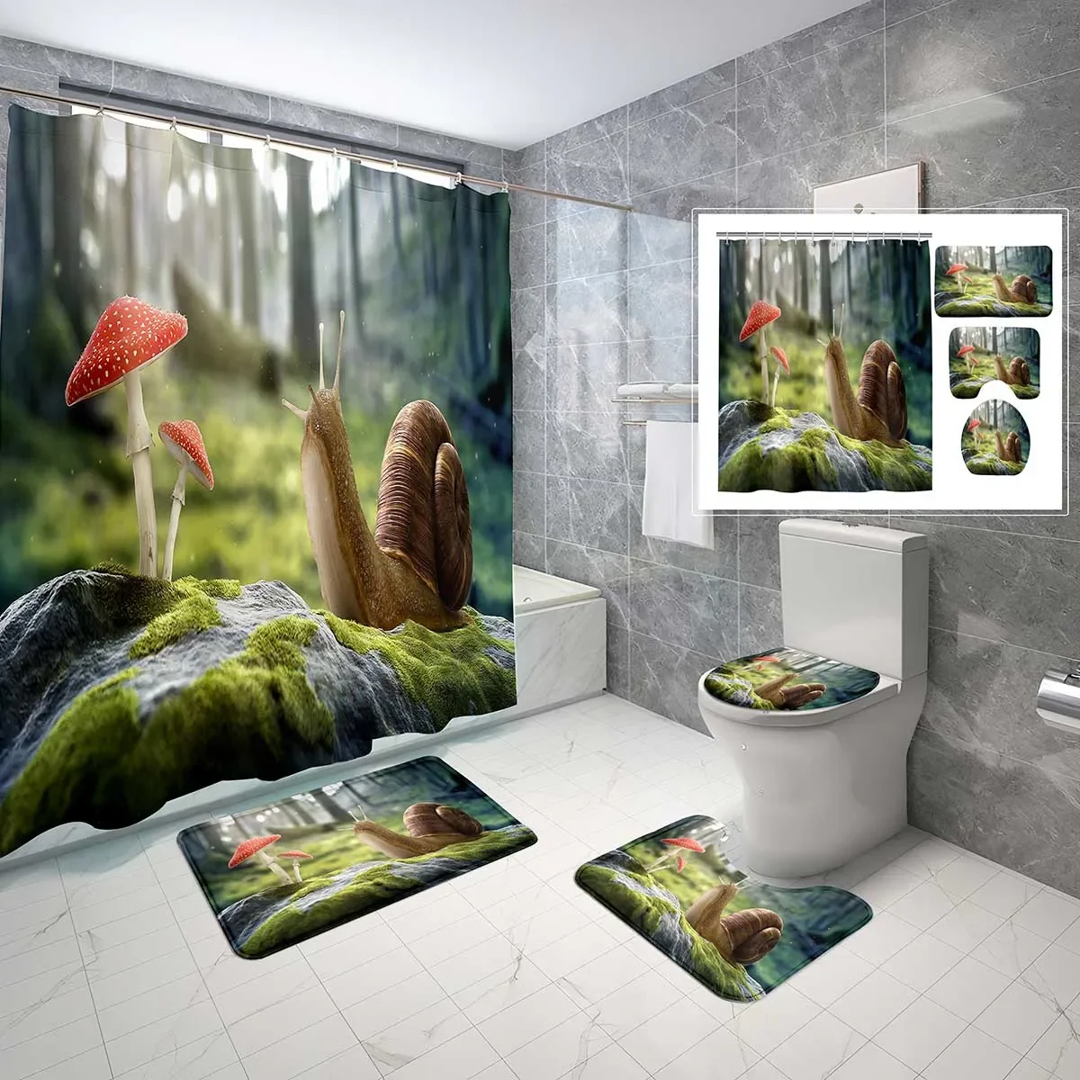 4 PCS Snail Shower Curtain Set,Green Jungle Mushroom Moss Bathroom Waterproof Bath Curtain,Non-Slip Bath Mat Toilet Cover Sets
