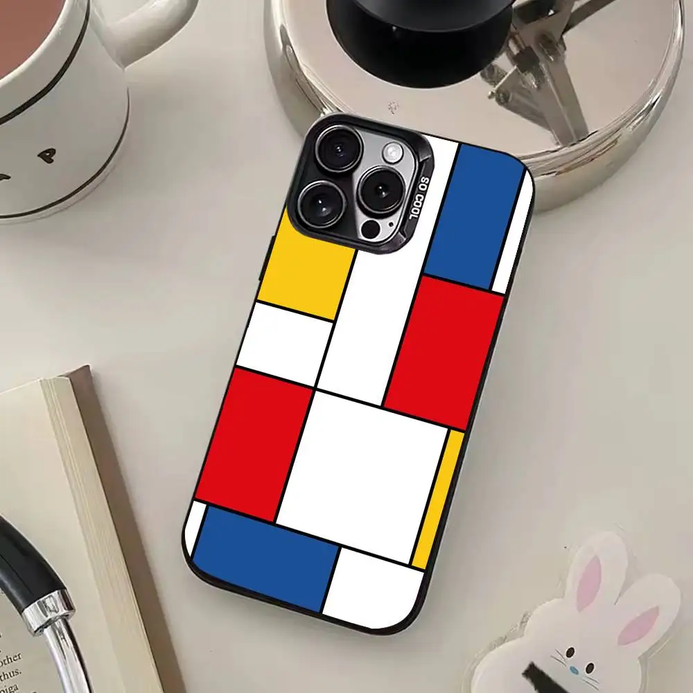 Custodia per telefono con motivo artistico astratto P-Piet M-Mondrian per iPhone 17,16,15,14,13,12,11 Plus,Pro Max, custodia per telefono color argento