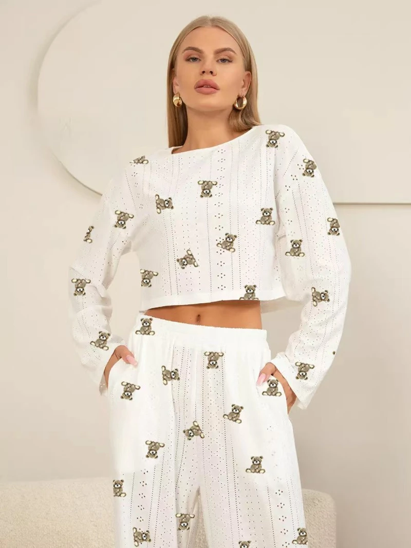 

Открытый комплект для отдыха с принтом медведей, укороченный топ с короткими рукавами и длинные брюки, удобная женская повседневная одежда свободного покроя