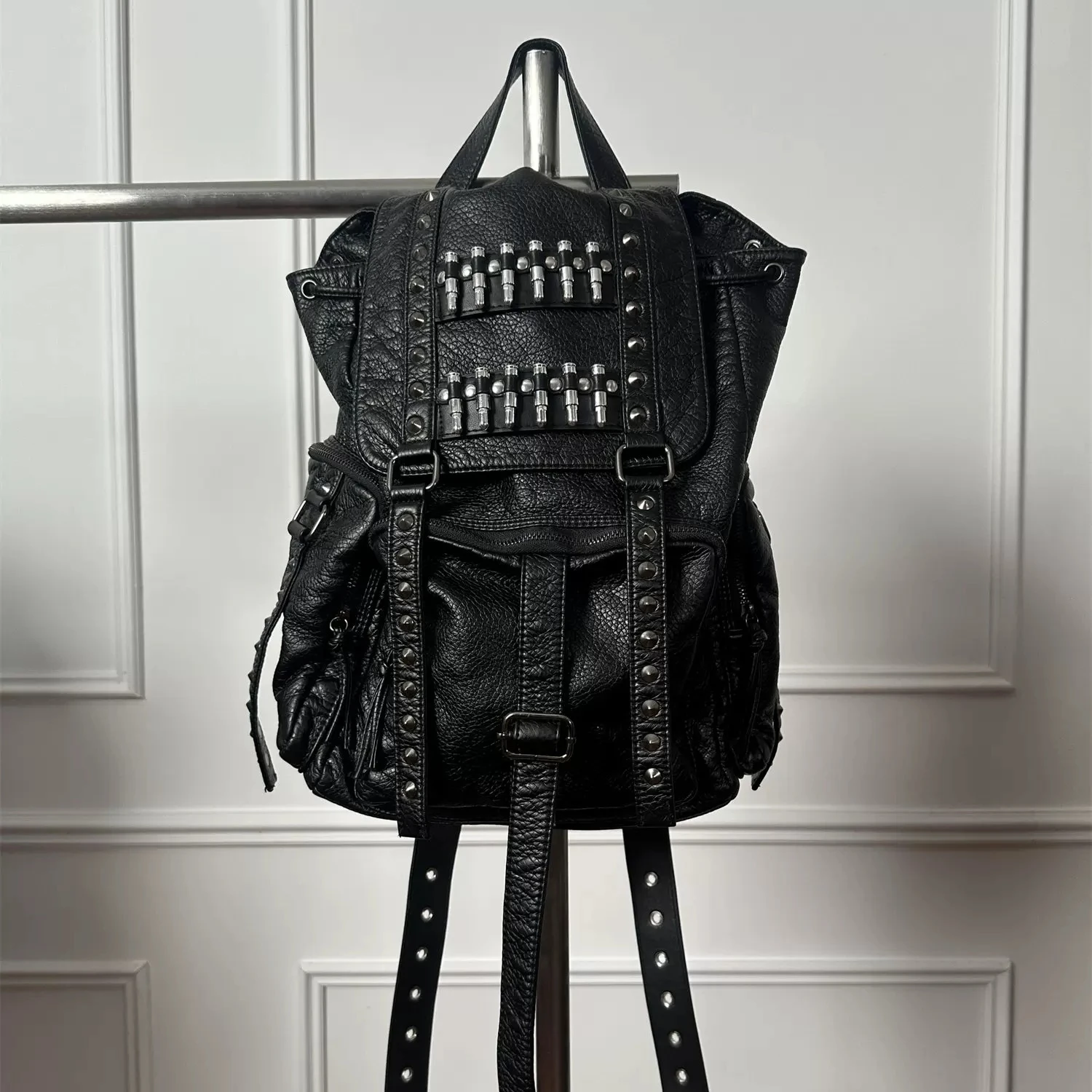 original-bullet-backpack-for-men's-black-leather-cool-backpack-rivet-multi-pocket-punk-backpack-for-women
