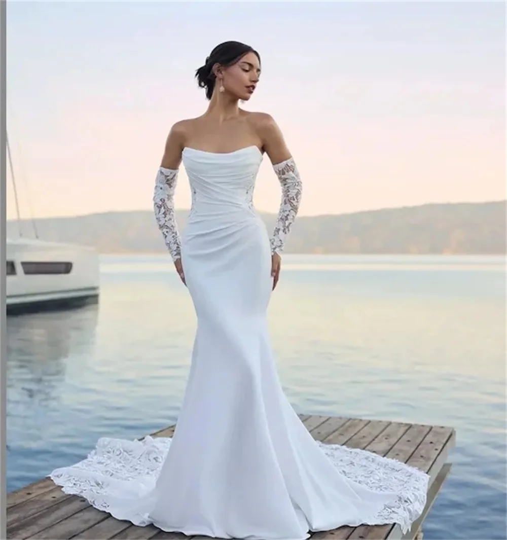 

Strapless backless lace mermaid wedding gown with long romantic train, tailored cut highlights your figure, fully customized fab