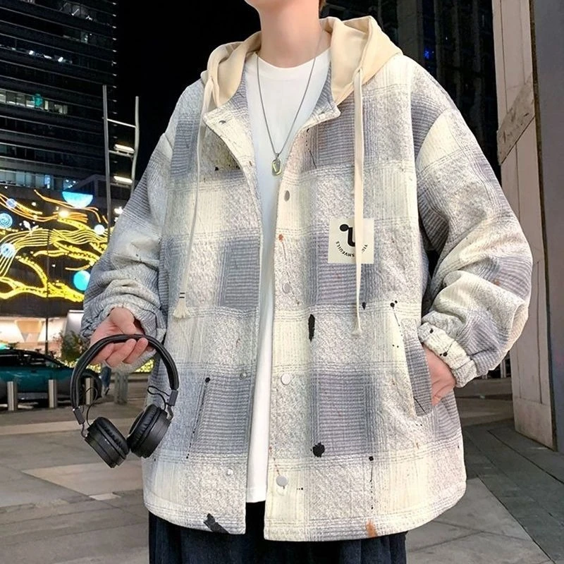 

​Autumn Winter Fleece Lined Quilted Men's Hooded Baseball Jacket with Plaid Design Trendy Streetwear Jacket for Men​