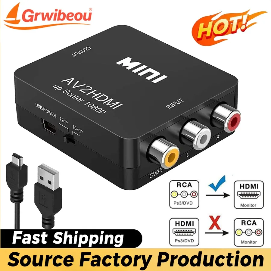 

Grwibeou RCA AV To HDMI-compatible Adapter AV TO HDMI-compatible Converter AV/CVSB L/R Video Box HD Support NTSC PAL Output