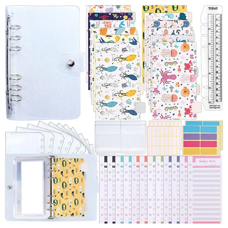 Top-A6 PVC Binder Cover, Budget Sheets,Storage Card Bags,Blank Stickers For 6-Ring Cash Envelopes,Daily Money Planner