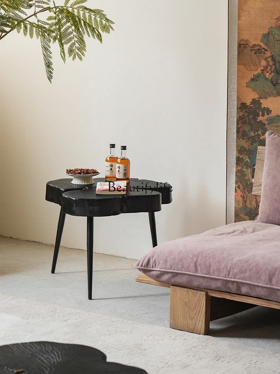 

ls 27Wabi Sandy Wind Solid Wood Edge Small Apartment Living Room Edge Log Carbonized Black Balcony Tea Table