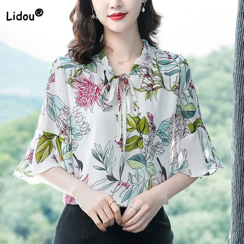 

Elegant Fashion Half Sleeve Floral Print Chiffon Shirt Summer Women's Clothing Korean All-match V-Neck Lace Up Blouse for Female