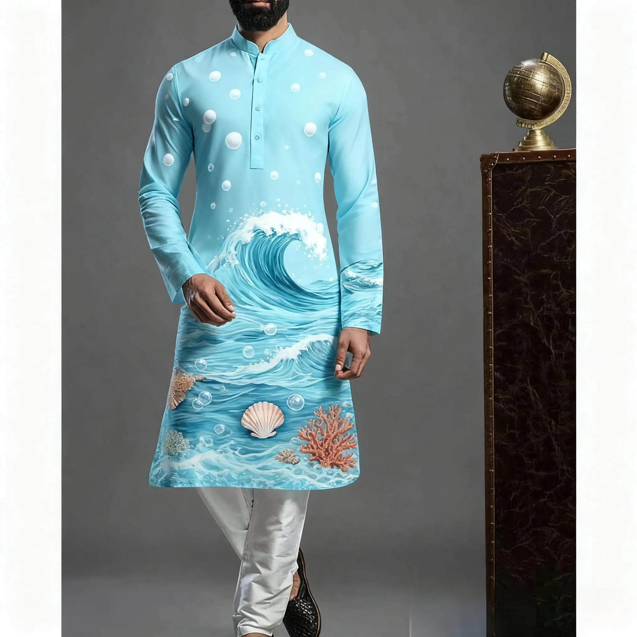 عباية عربية إسلامية للرجال رداء عرقي مطبوع بياقة واقفة قميص شبابي متوسط الطول معطف فاخر بدلة تركية غير رسمية للرجال #5