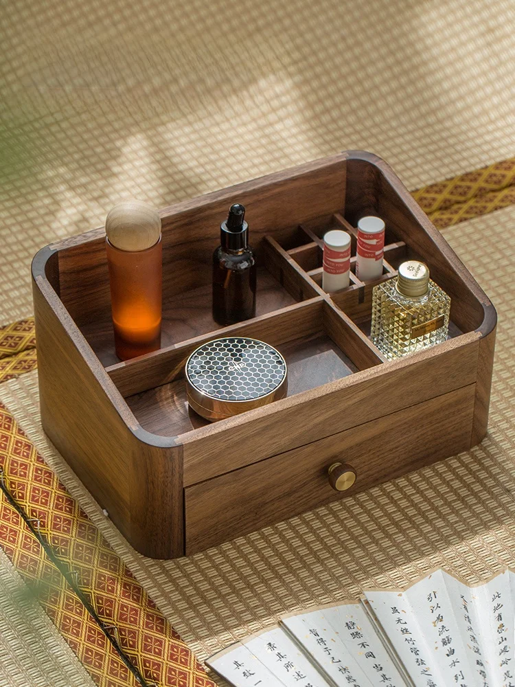 

Luxury Black Walnut Wooden Makeup Storage Box Rack with Drawer Lipstick Skincare Jewelry Box Wooden Home Storage Organizer