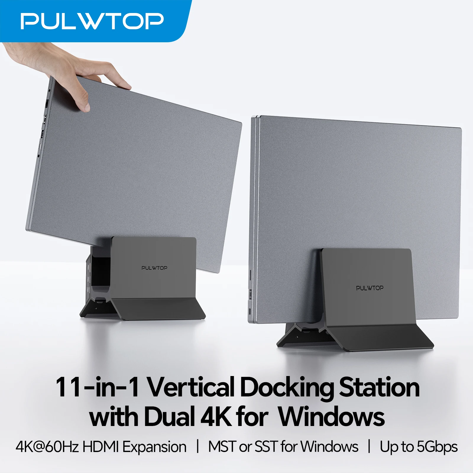 

PULWTOP Vertical Docking Station Dual Monitor, with 2 HDMI 4K, USB A/C 10Gbps, USB-A 5Gbps, RJ45, USB C Dock for Type-C Laptops