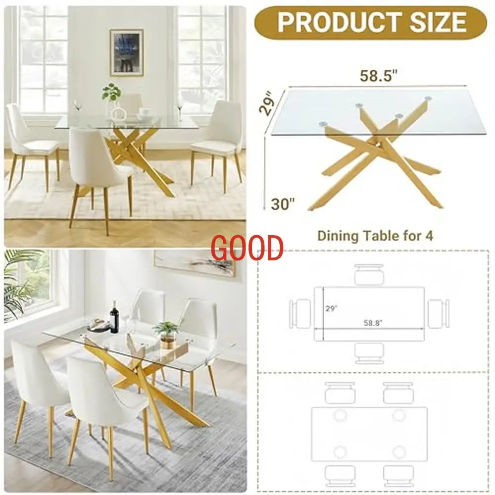 Rectangle Glass Dining Table Modern Style Home Kitchen Dining Room Metal Legs Tempered Glass Top Generous Design Spacious Bright