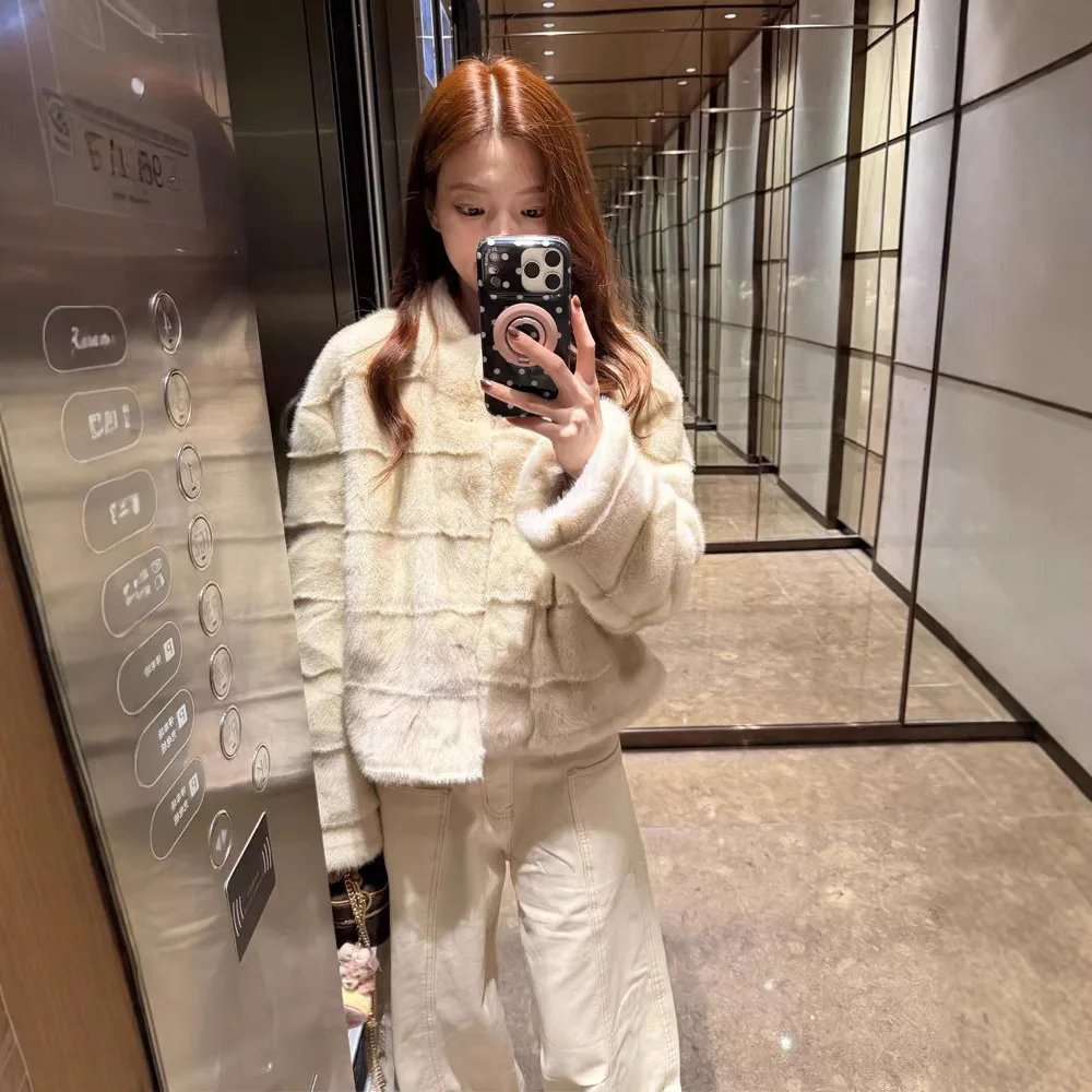 

Eco-Friendly Fur Women's ort Coat Warm Fur Inteated Skin And Hair Stand Collar Jaet Luxury Feel Winter Outerwear