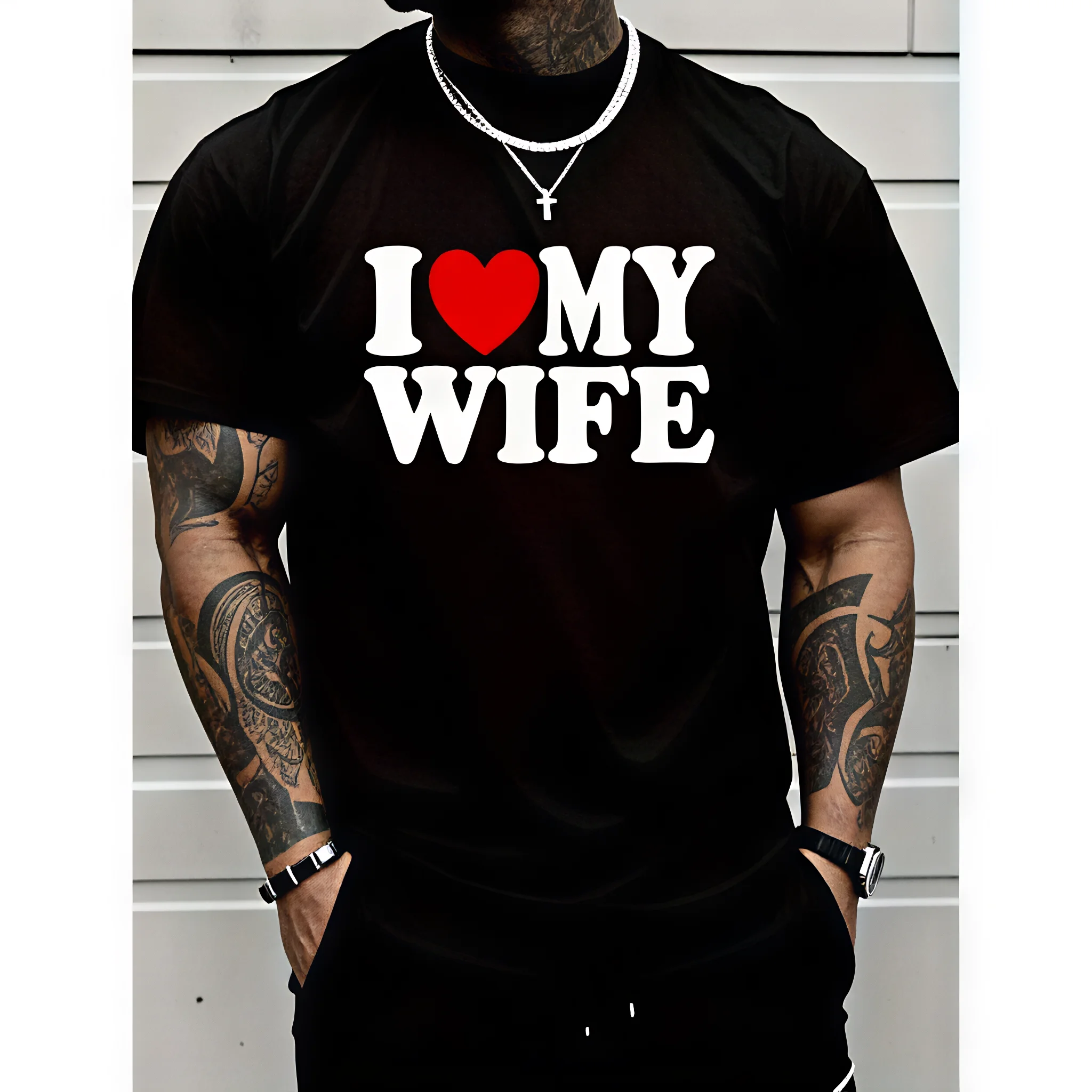 Love My Wife Print Men's Black T-Shirt, Crew Neck Casual Cotton Tee, Medium Stretch Knit Fabric Regular Fit For Men