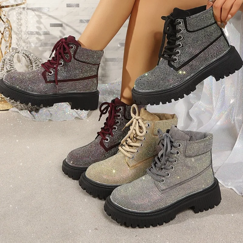 Women's Anti Slip Comfortable Vintage High Heel Ankle Boots Women Fashion Rhinestone Embellishment Ankle Boot Spring and Autumn