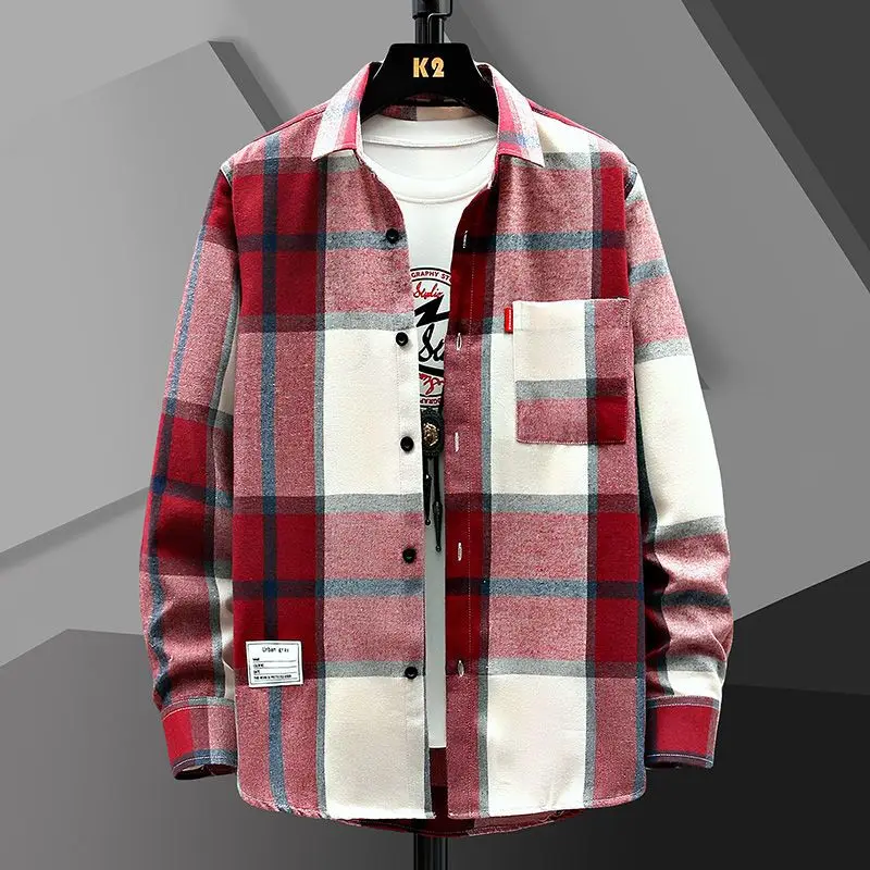 Primavera a maniche lunghe in lana Plaid moda uomo tendenza Comfort stile porto sciolto Plus Size cappotto adolescente studente camicia da uomo