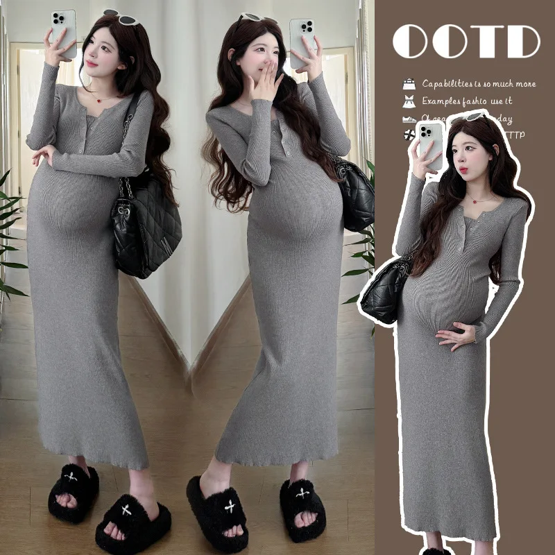 

2025 Elegant Knit Pregnancy Dress Autumn Slim Fit Long Sleeve Maxi Dress Layering Piece Comfortable Chic Maternity Wear