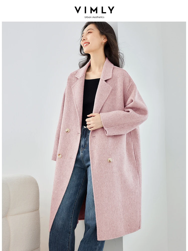 Vimly Double Faced Woolen Long Coats for Women 2023 Elegant Fashion Female Warm Overcoat Woman Notched Collar Outerwears 50690